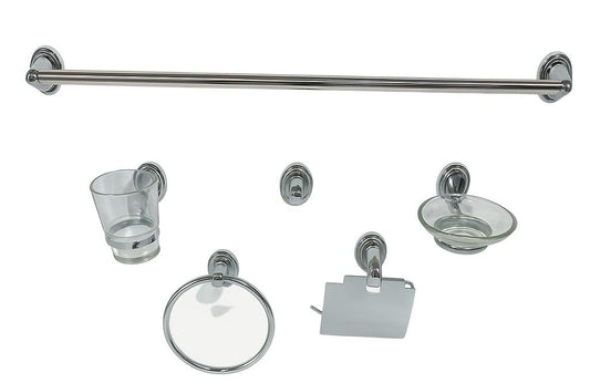ACCESORIOS DE BAÑO
•JUEGO DE 6 PIEZAS
•MATERIAL EN ACERO INOXIDABLE Y CRISTAL
•COLOR : CROMADO
•MARCA: GRINETTO
•INCLUYE CHAZOS PARA INSTALACION