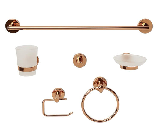 ACCESORIOS DE BAÑO
•JUEGO DE 6 PIEZAS
•MATERIAL: ACERO INOXIDABLE Y CRISTAL
•COLOR : ORO ROSA
•MARCA: MODERNICAS
•INCLUYE CHAZOS PARA INSTALACION