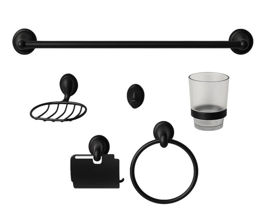 ACCESORIOS DE BAÑO
•JUEGO DE 6 PIEZAS
•MATERIAL EN ZINC Y CRISTAL
•COLOR : NEGRO
•MARCA: BOCCHERINI
•INCLUYE CHAZOS PARA INSTALACION