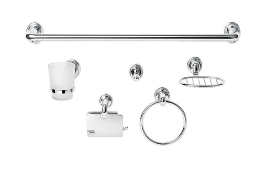 ACCESORIOS DE BAÑO
•JUEGO DE 6 PIEZAS
•MATERIAL EN ZINC Y CRISTAL
•COLOR : CROMADO
•MARCA: BOCCHERINI
•INCLUYE CHAZOS PARA INSTALACION