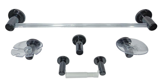 ACCESORIOS DE BAÑO
•JUEGO DE 5 PIEZAS
•MATERIAL: PLASTICO
•COLOR : NEGRO
•MARCA: AQUA BLUE
•INCLUYE CHAZOS PARA INSTALACION