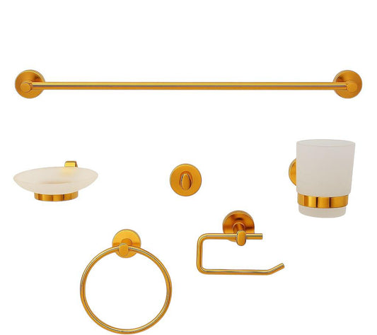 ACCESORIOS DE BAÑO
•JUEGO DE 6 PIEZAS
•MATERIAL EN ACERO INOXIDABLE Y CRISTAL
•COLOR : DORADO
•MARCA: MODERNICAS
•INCLUYE CHAZOS PARA INSTALACION