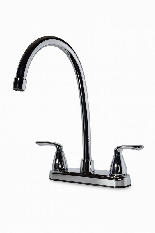 LLAVE LAVAPLATOS DOBLE MANIJA CUELLO DE CISNE- CROMADA CON MANGUERAS DE INSTALACION