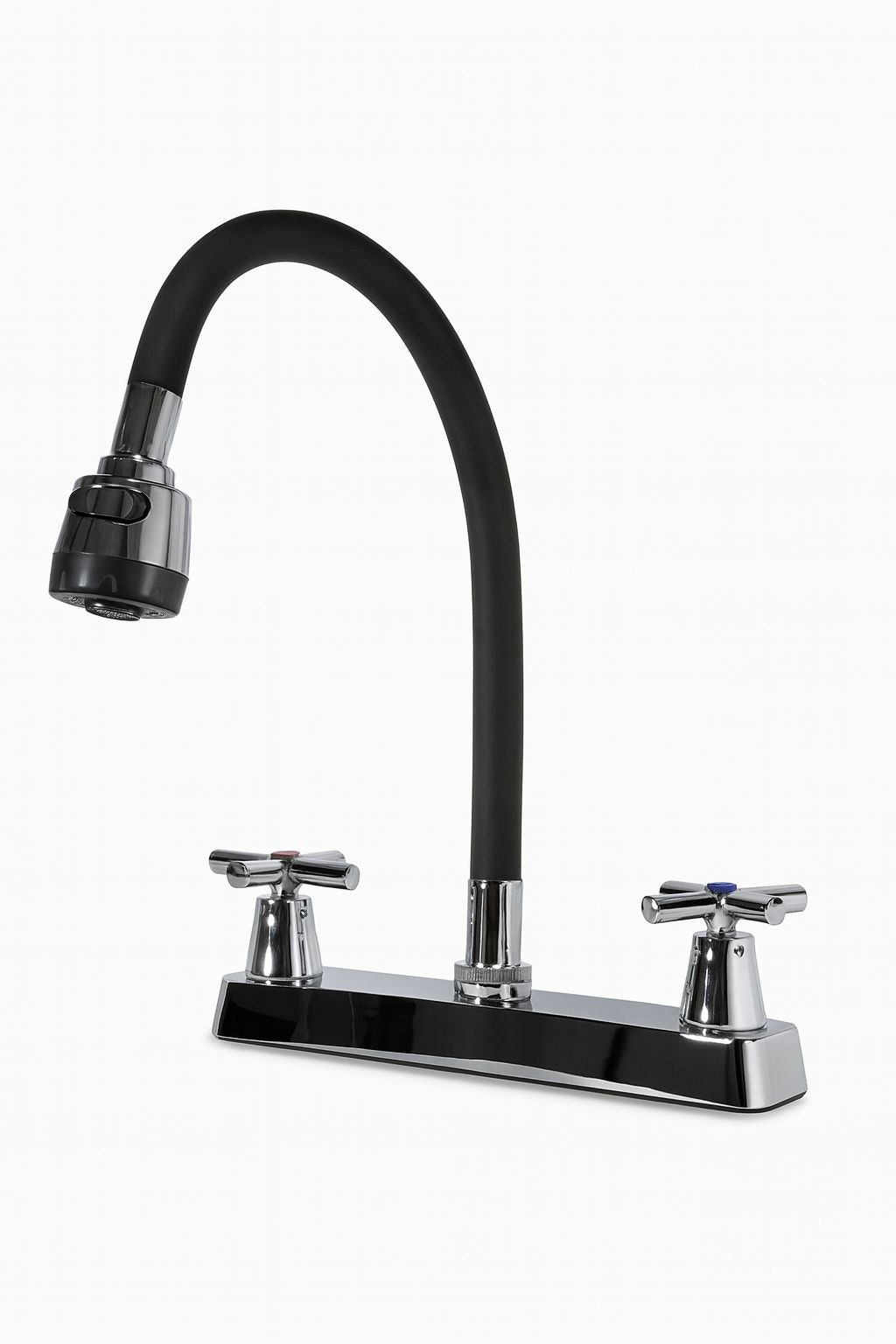 LLAVE LAVAPLATOS DOBLE MANIJA CRUCETA CON CUELLO FLEXBLE NEGRO Y DOBLE CHORRO