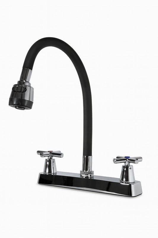 LLAVE LAVAPLATOS DOBLE MANIJA CRUCETA CON CUELLO FLEXBLE NEGRO Y DOBLE CHORRO