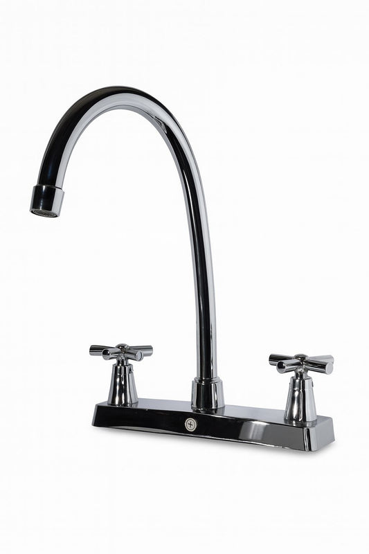 LLAVE MEZCLADOR LAVAPLATOS 8" MANIJA TIPO CRUCETA-CUELLO CISNE CROMADO