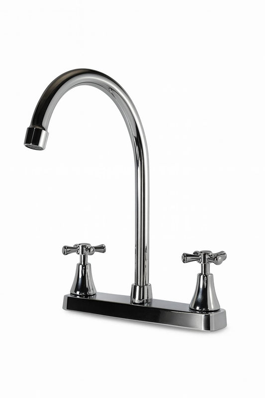 LLAVE MEZCLADOR 8" LAVAPLATOS MANIJAS TIPO CRUCETA- CUELLO CISNE ALTO CROMADO